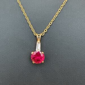 Signed Lind 14k GE Gold Electroplate Round Red Stone Pendant Necklace 18” Dainty